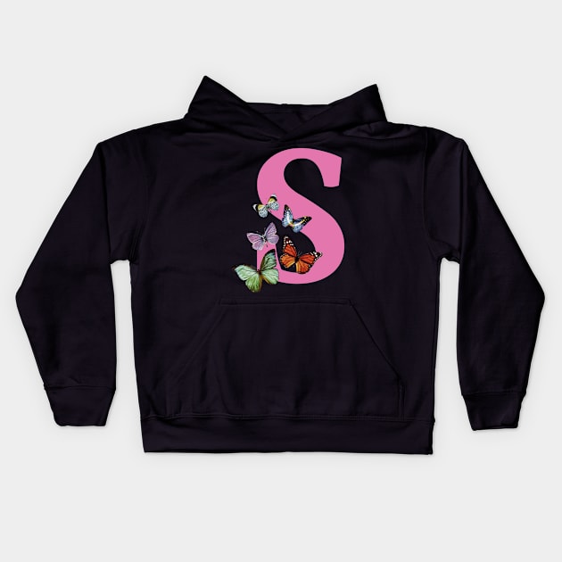 Letter pink S with colorful butterflies Kids Hoodie by ColorsHappiness